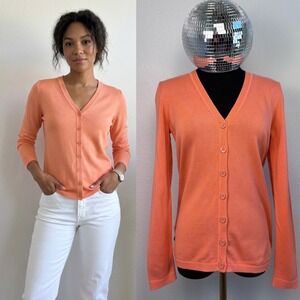 Talbots Petite Coral Orange V-Neck Button Front Cardigan Sweater Pointelle XSP